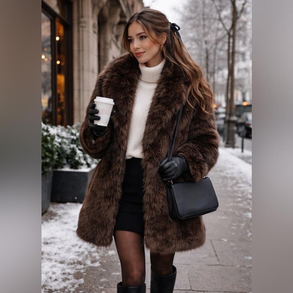 Glam faux fur coat vintage style jacket oversized brown